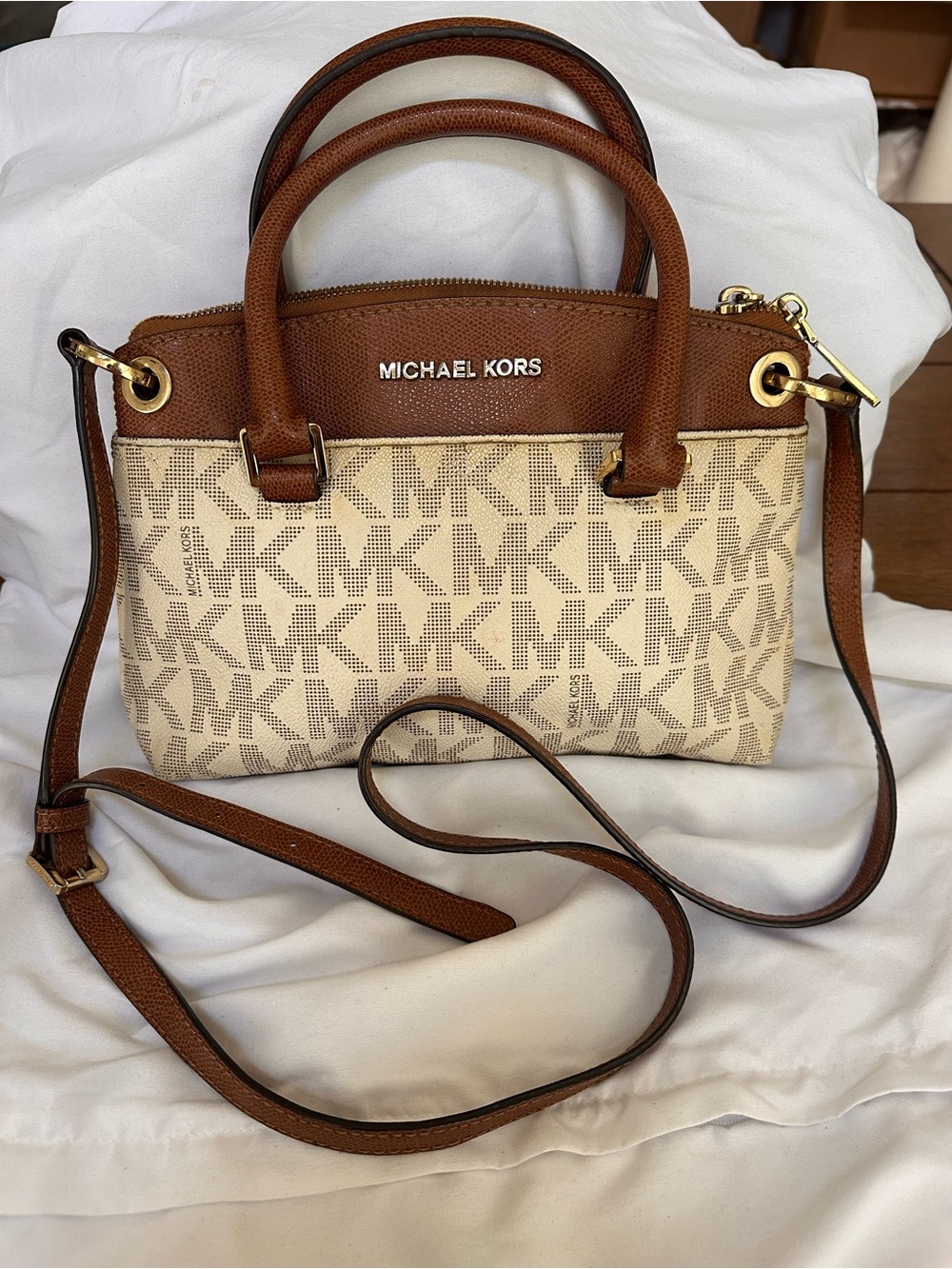 Michael Kors Beige and Brown Logo Crossbody Satchel